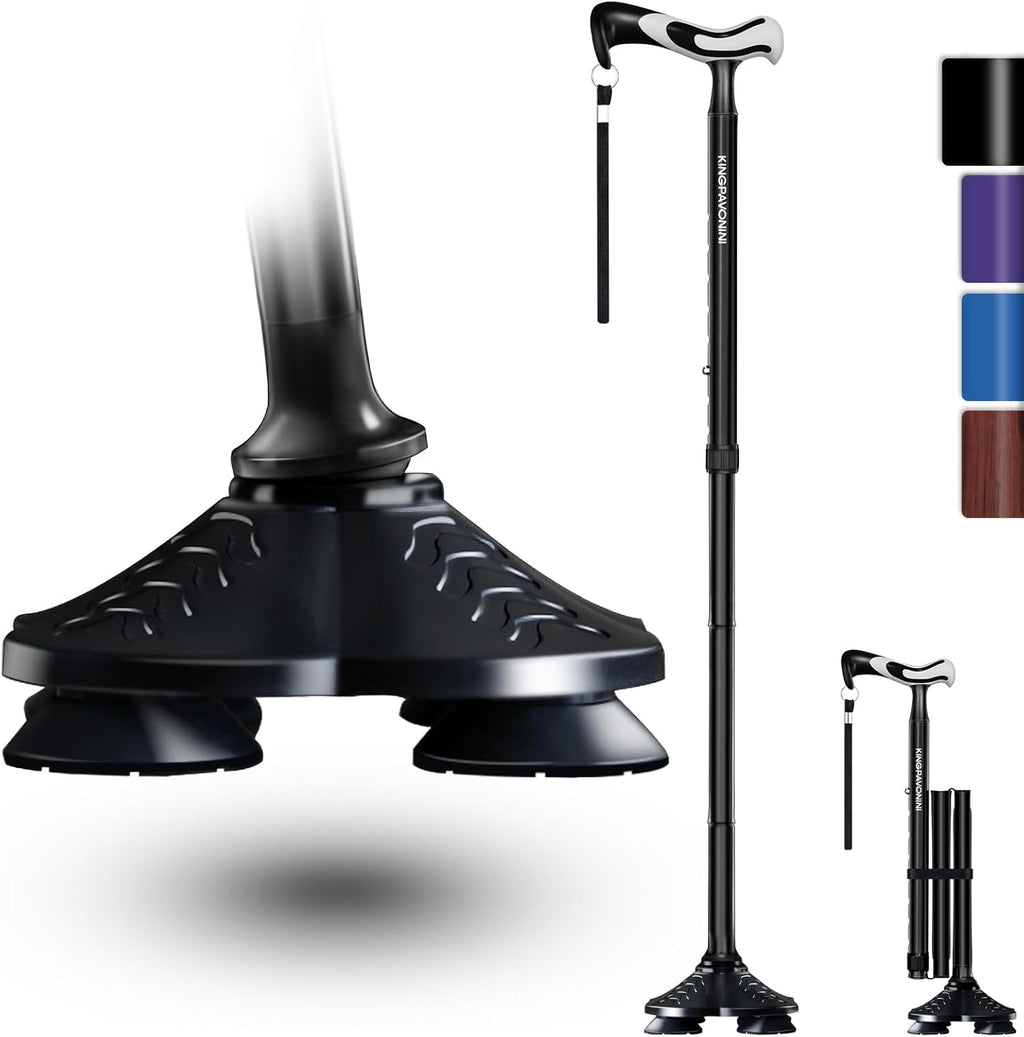 Walking Cane for Men Women Stability, Free Standing Foldable Cane, Ergonomic Handle Pivoting Quad Base, Heavy Duty