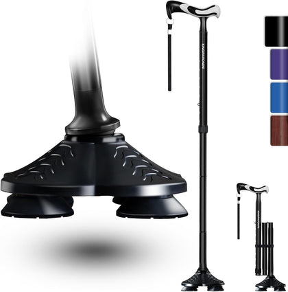 Walking Cane for Men Women Stability, Free Standing Foldable Cane, Ergonomic Handle Pivoting Quad Base, Heavy Duty