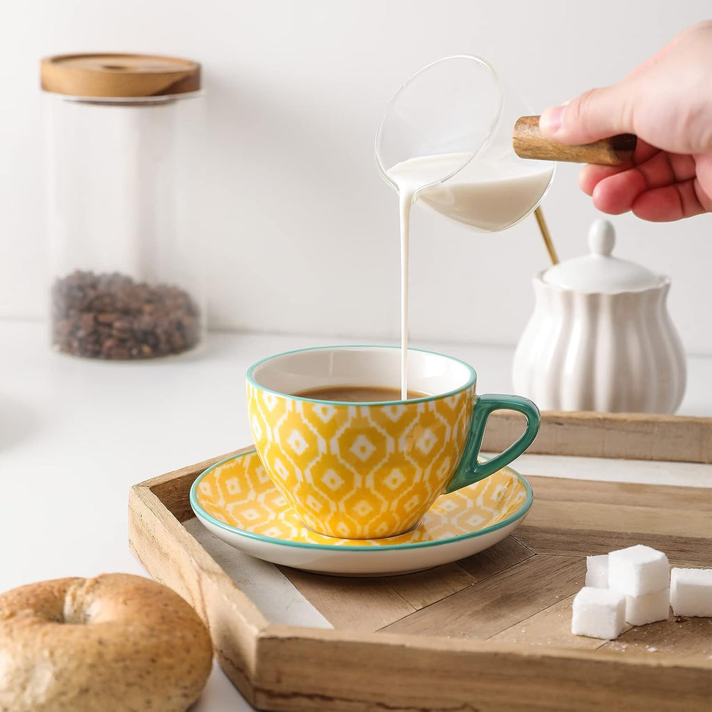 Ceramic 8 oz Cappuccino Cup Set with Saucers, Espresso Coffee Cups, Latte Macchiato for Party Cafe Home, Set of 6