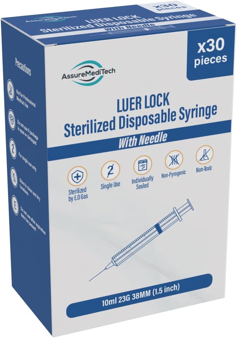 10ml 23G 38MM (1.5 in) Luer Lock Syringe with Needle, All Sizes -Pack of 30