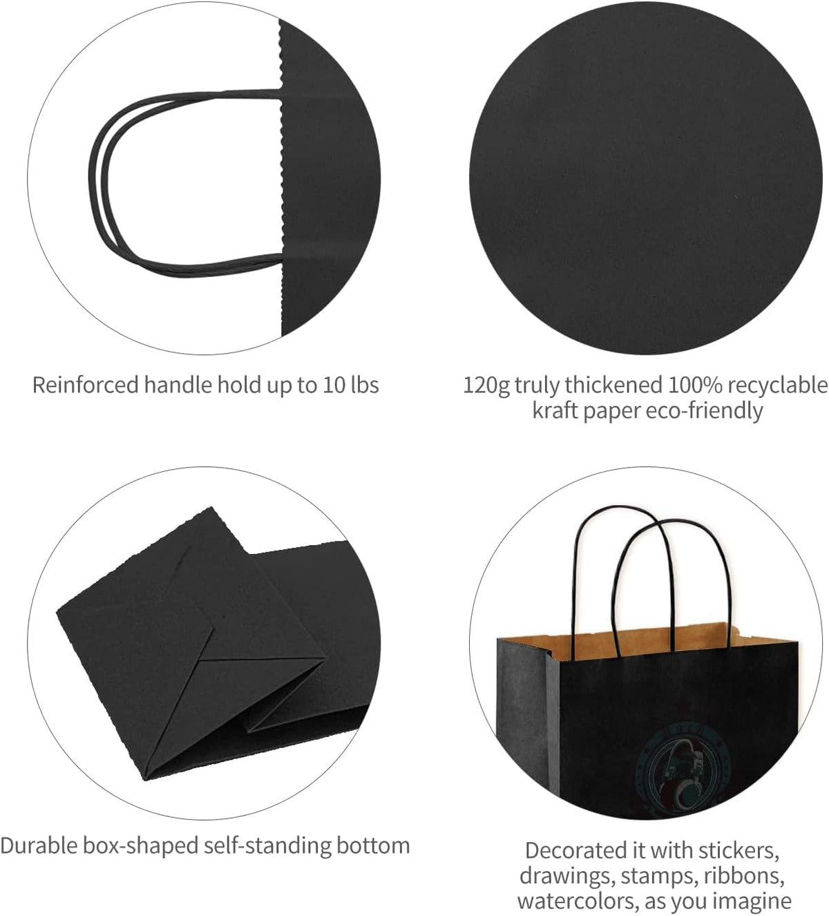 Black Kraft Gift Bags with Handles 13x7x14 Inch, 70 Pack