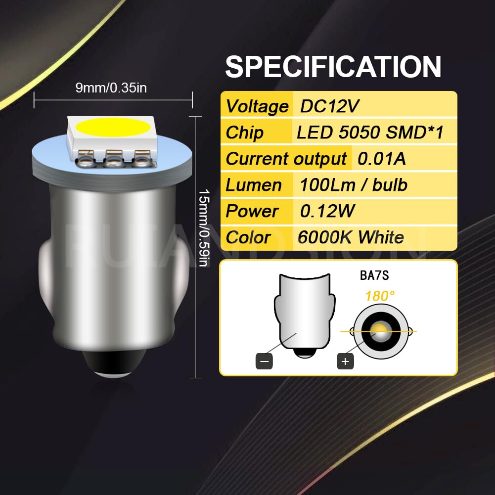 Ruiandsion BA7S LED Bulb White 12V for Interior Gauge Light 4Pcs