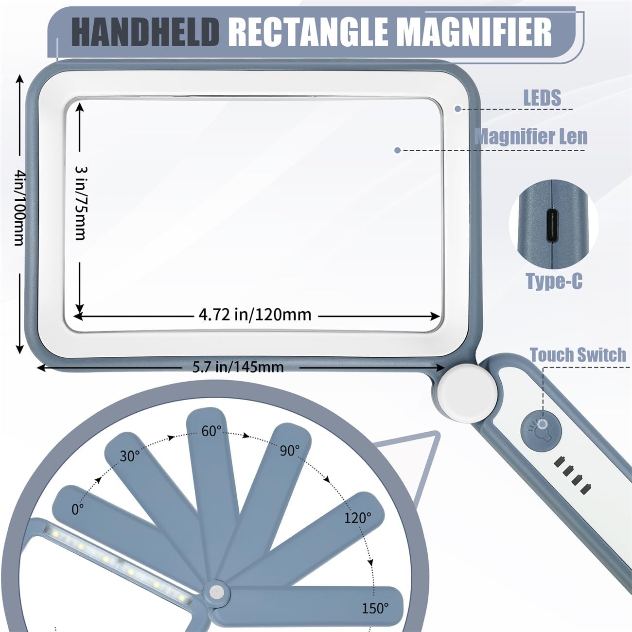 Magnifying Glass for Reading, Rechargeable 5X Large Page Magnifier with Light, Folding Handheld Dimmable Rectangle