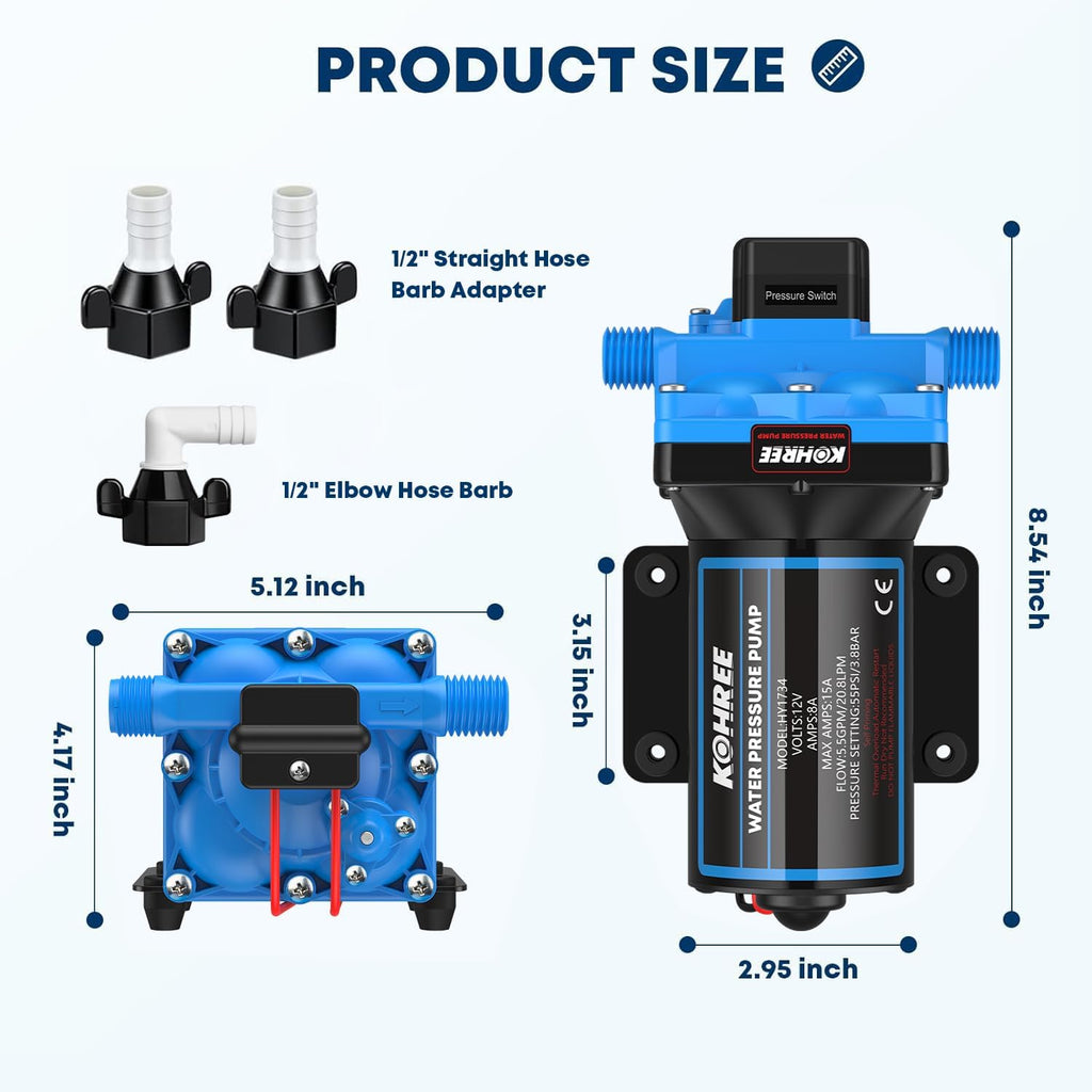 Kohree 12V RV Water Pump 5.5GPM 55 PSI, Self-Priming Diaphragm Pump