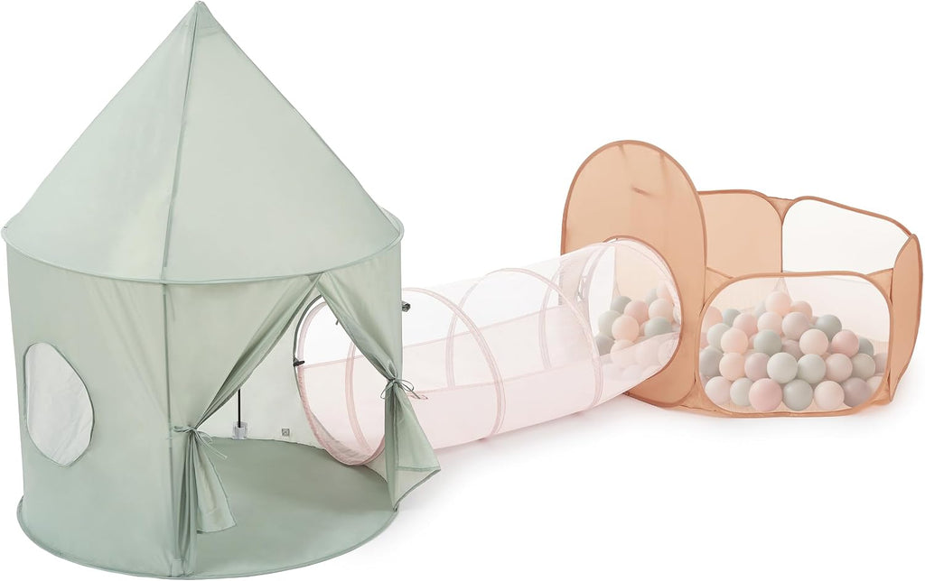 Pointed-Roof 3 in 1 Pop Up Play Tent with Ball Pit | Baby Ball Pit, Tunnel Toys for Toddlers 1-3, Soft Neutral Style