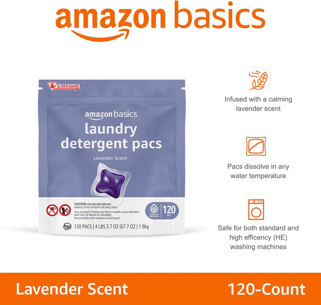 Laundry Detergent Pacs, Lavender Scent, HE Compatible, 120 Count