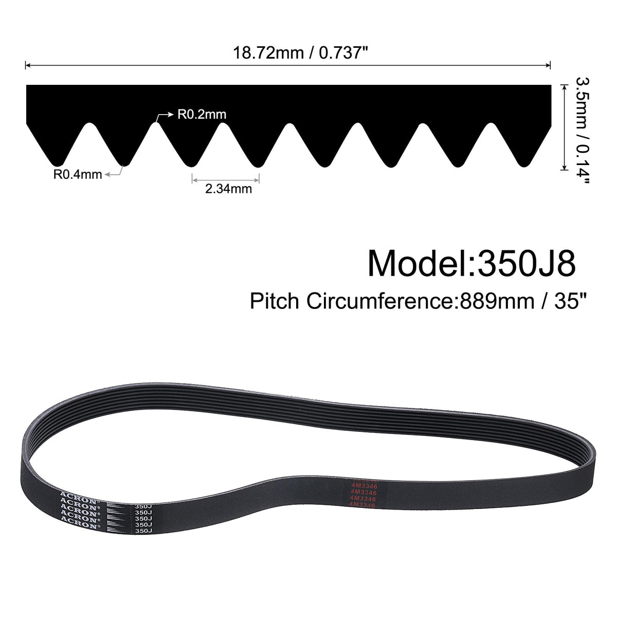 uxcell 350J8 PJ V-Ribbed Belt 8 Ribs 35" L x 0.74" W x 0.14" H, (EPDM)