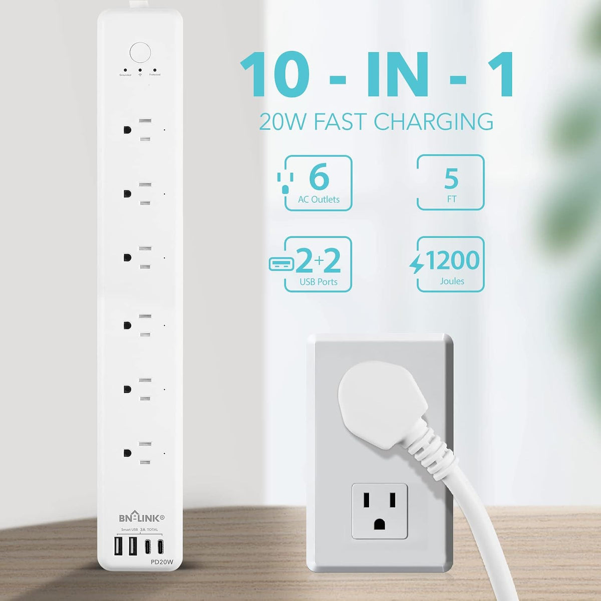 BN LINK Smart Plug Power Strip，Surge Protector with 6 Individually Controlled Smart Outlets, 4 USBs (incl. 20W