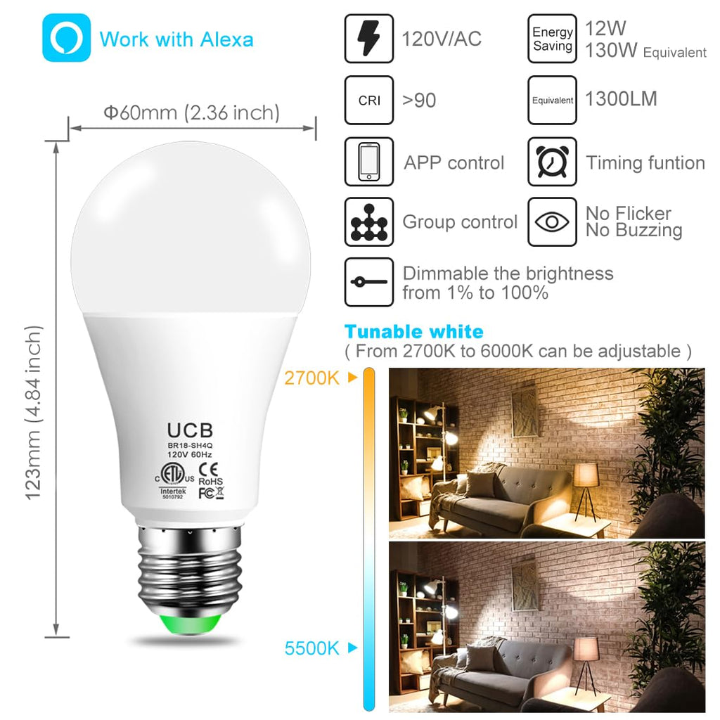 Smart Light Bulbs Compatible with Alexa 130W Equivalent, 2700K-6000K