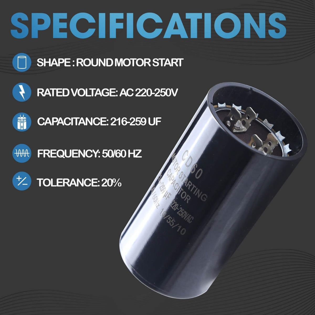 Seentech 216-259 uf/MFD 220-250 VAC ±20% CD60 Round Motor Start Capacitor 50/60 Hz AC Electric Motor Universal Fit for AC Motor Run or Fan Start and Cool or Heat Pump Air Conditioner