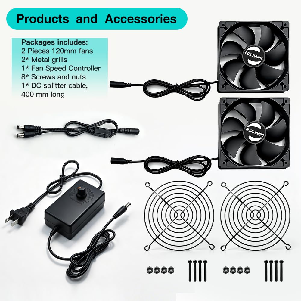 2-Pack Dual Waterproof 120mm Quiet Computer Cooling Fan Kit 110V-120V