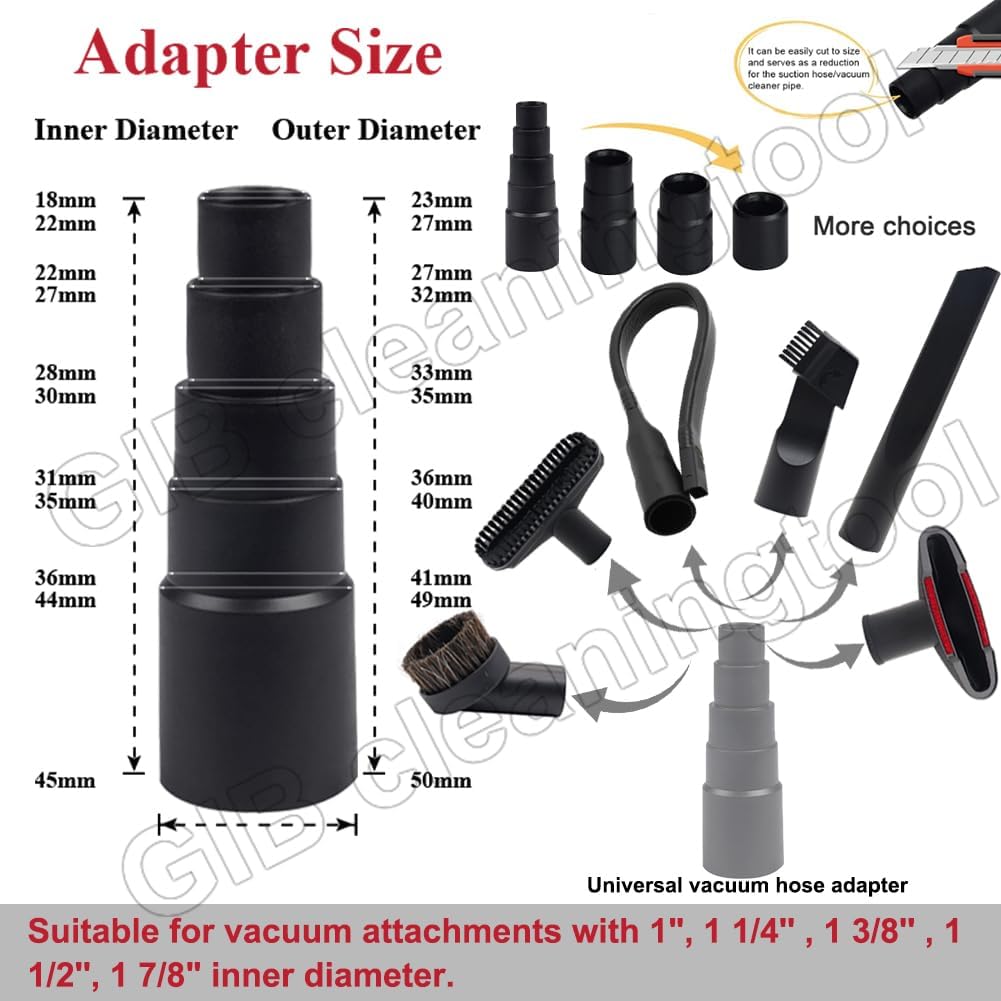 GIB 8Pcs Household Cleaning Vacuum Attachments for Shop Vac Accessories | Set with 2 1/2" to 1 1/4" Vacuum Hose