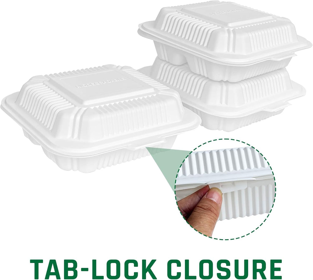 100 Pack 8 x 8 Inch 3 Compartment To Go Food Containers, Waterproof Leak-Resistant Clamshell Takeout Containers