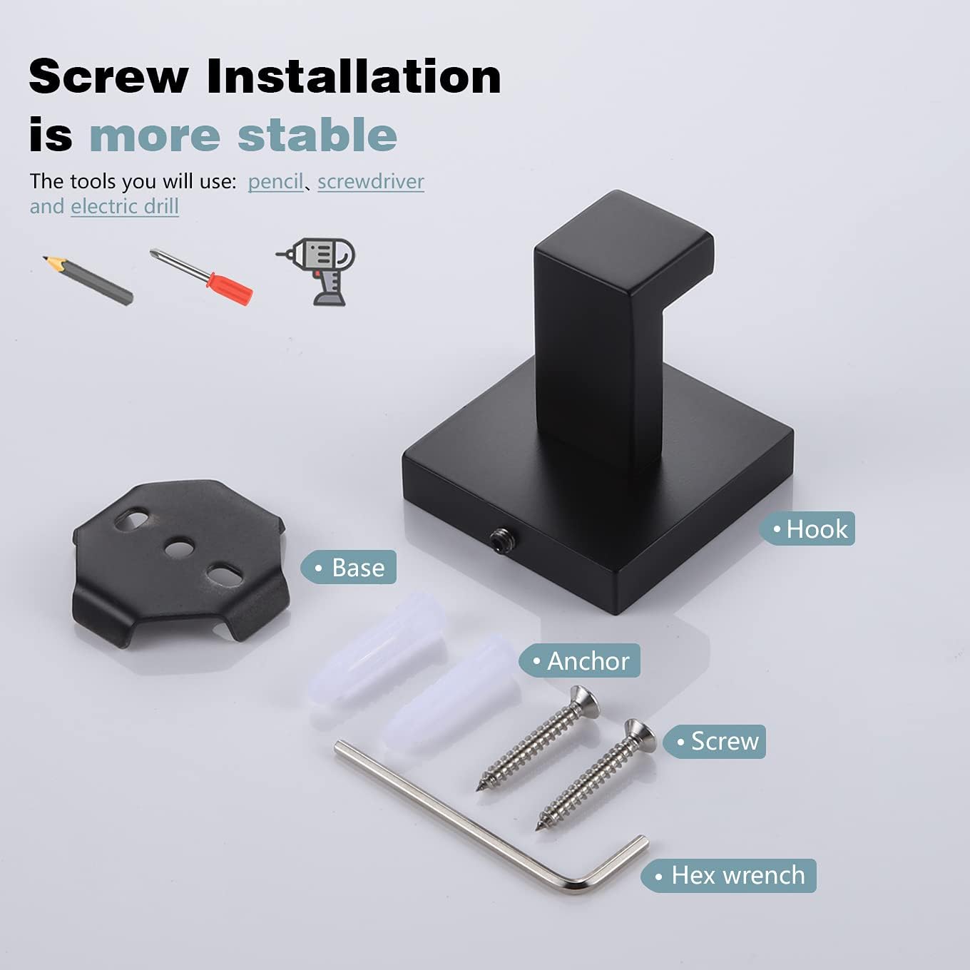 Bath Towel Hook Wall Mount Square Robe Hook Coat Hook, Bathroom Kitchen Garage Heavy Duty Wall Mounted, SUS 304
