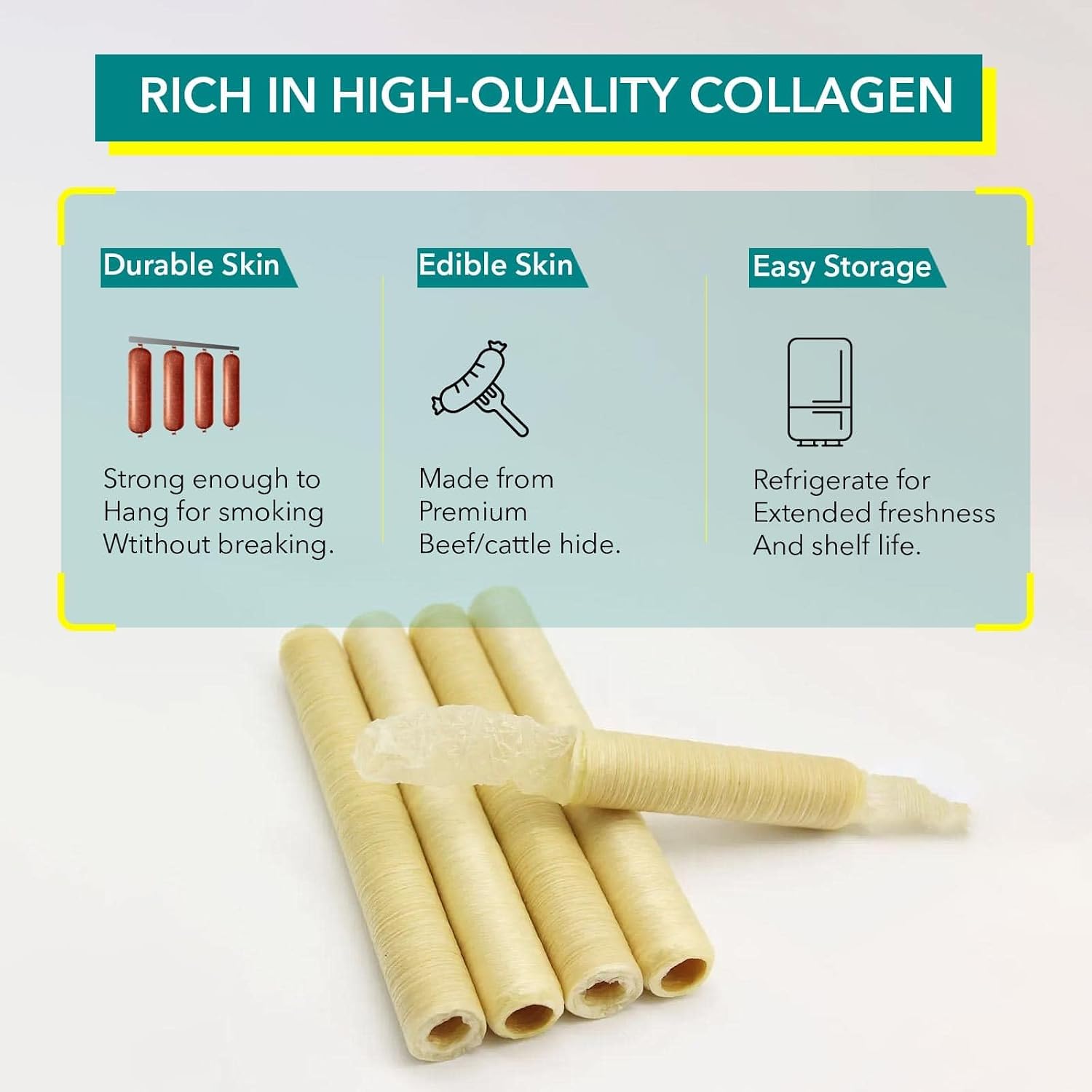 19mm Collagen Casings For Sausage Making, Edible, Clear, Smoked Beef Collagen Sticks, 3/4” Diameter Snack Stick