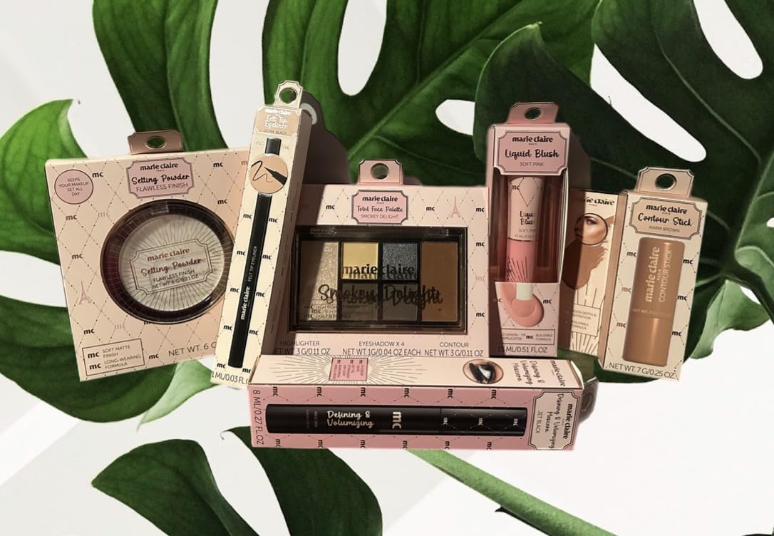 Marie Claire Makeup Set, Smokey Eyeshadow Palette, Contour Stick, Felt Tip Eyeliner, Volumizing Mascara, Soft Pink