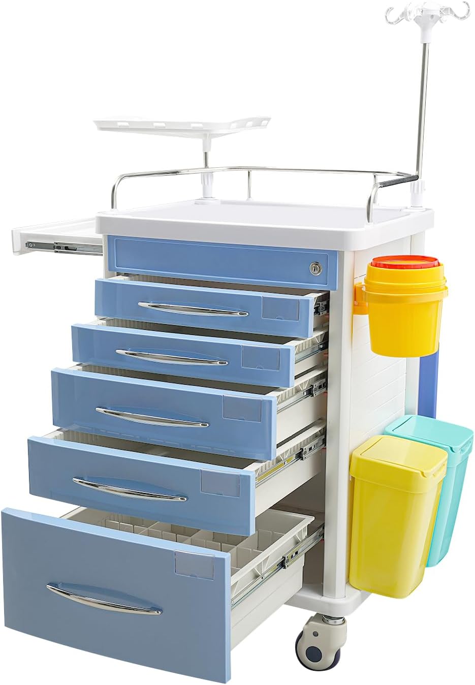5-Tier Medical Cart, Rolling Medical Storage Crash Cart with Adjustable IV Pole and Trash Bin & O2 Holder, Mobile