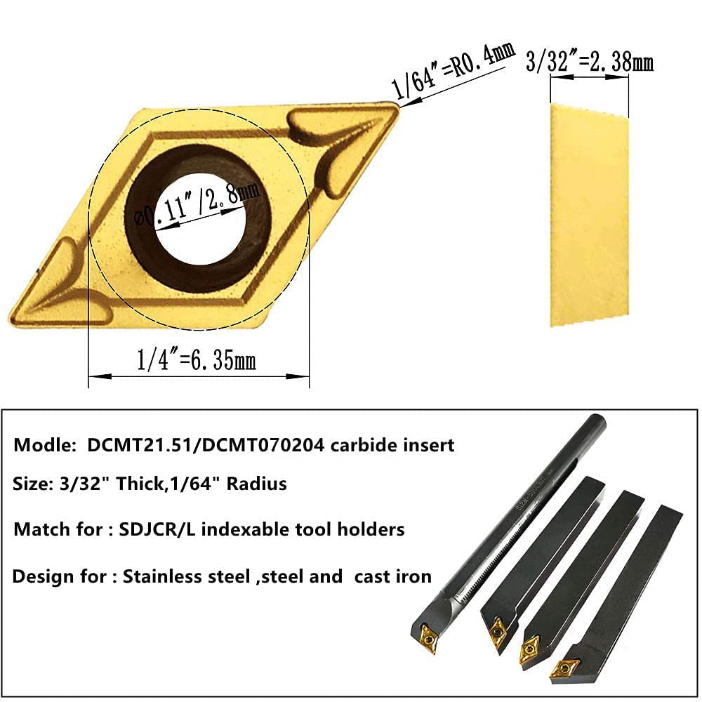 50pcs DCMT21.51 DCMT070204 Carbide Inserts Lathe Turning Inserts Turning Tool Multilayer Coated CNC Lathe Inserts for SDJCR Lathe Turning Tool Holder Replacement Insert
