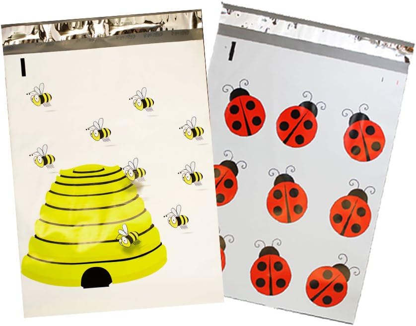 10x13 inch Designer Poly Mailers, Bees, Flags, Lips, Ladybugs (40 Mix Variety Pack) Custom Printed Self Sealing