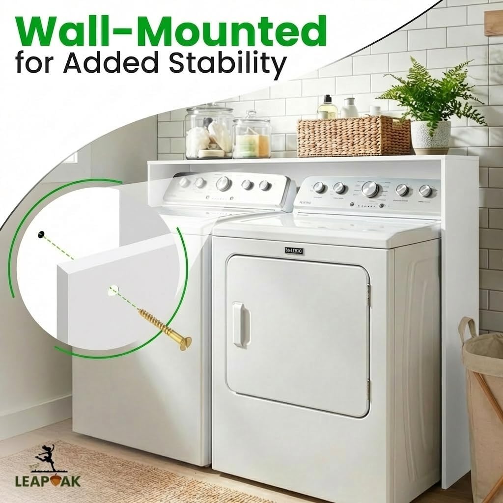 Over the Washer and Dryer Storage Shelf, Laundry Shelf, White | Engineered Wood, Laundry Room Organizer with Side