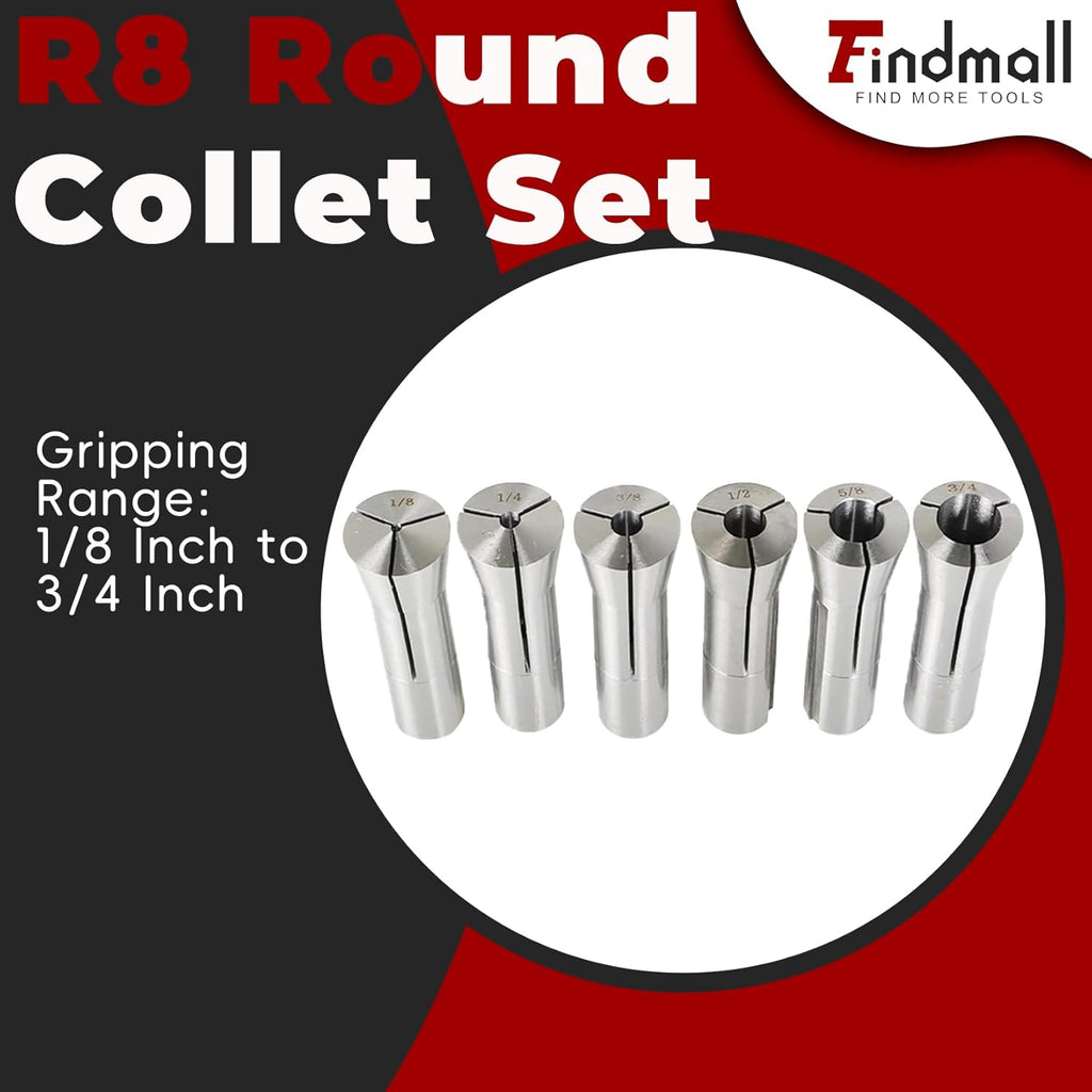 findmall 1/8-3/4 Inch R8 Round Collet Set 6Pcs Spring Collet Set