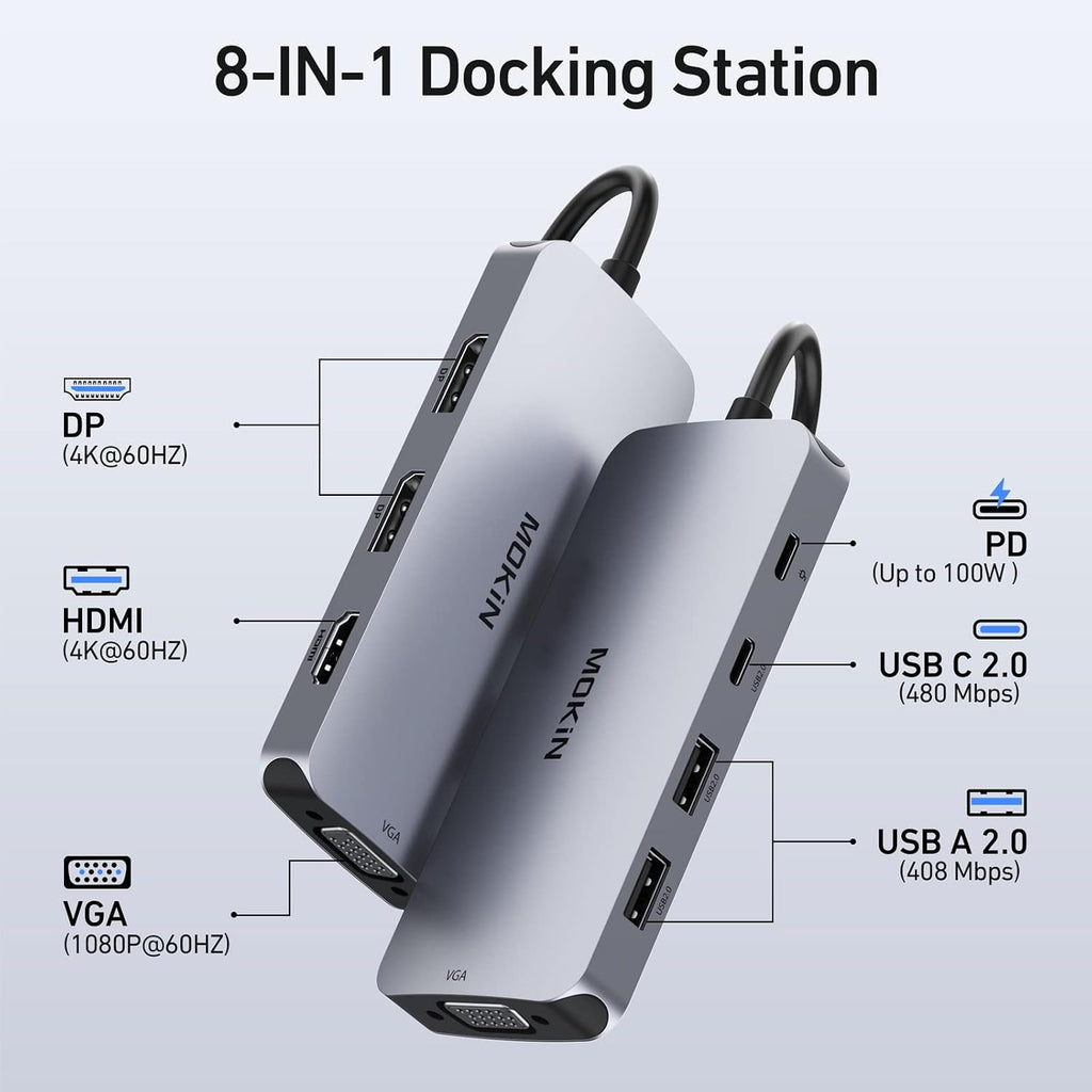 USB C Docking Station Dual DisplayPort, 8 in 1 USB Hub with 2 DP, HDMI, VGA, USB C 2.0, A 2.0, PD Charging Port