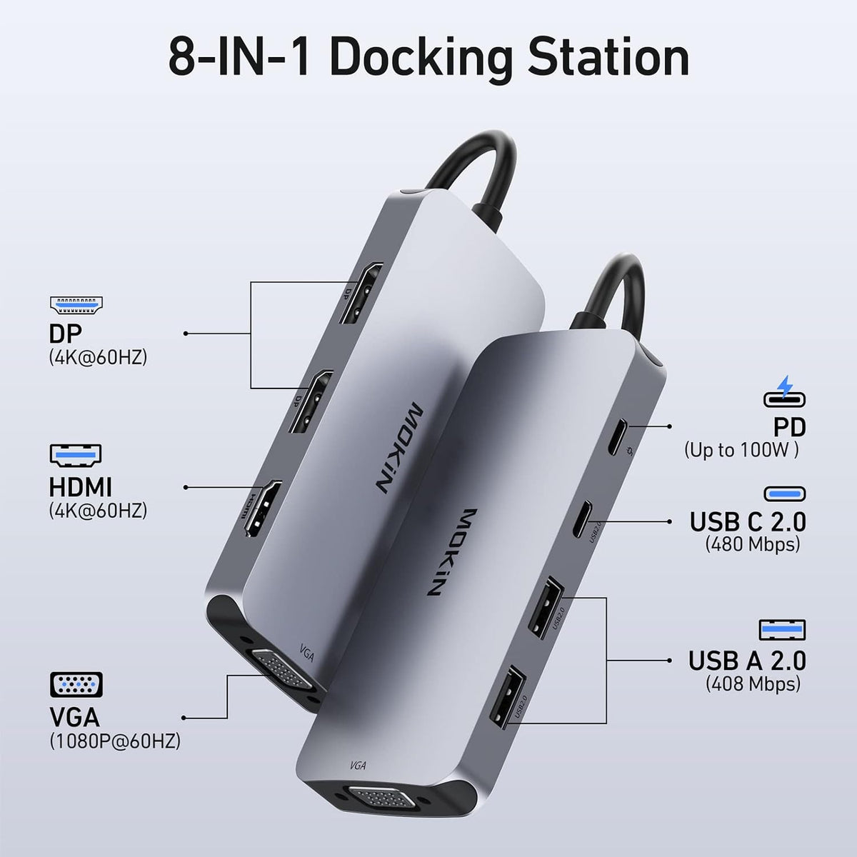 USB C Docking Station Dual DisplayPort, 8 in 1 USB Hub with 2 DP, HDMI, VGA, USB C 2.0, A 2.0, PD Charging Port