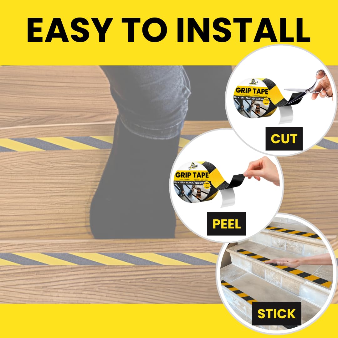 Grip Tape - Heavy Duty Hazard Tape Roll - Black and Yellow 2in x 15ft. Waterproof, Non Skid Tape for Stairs & Ramps.