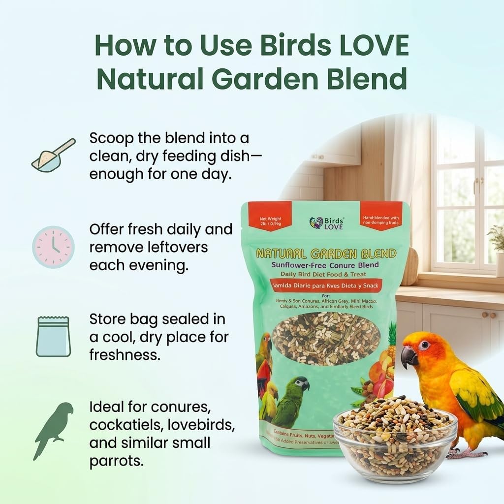 Natural Garden Blend Conure Food, Sunflower Free Bird Seed Mix with Fruits, Nuts, Vegetables and Seeds, All Natural