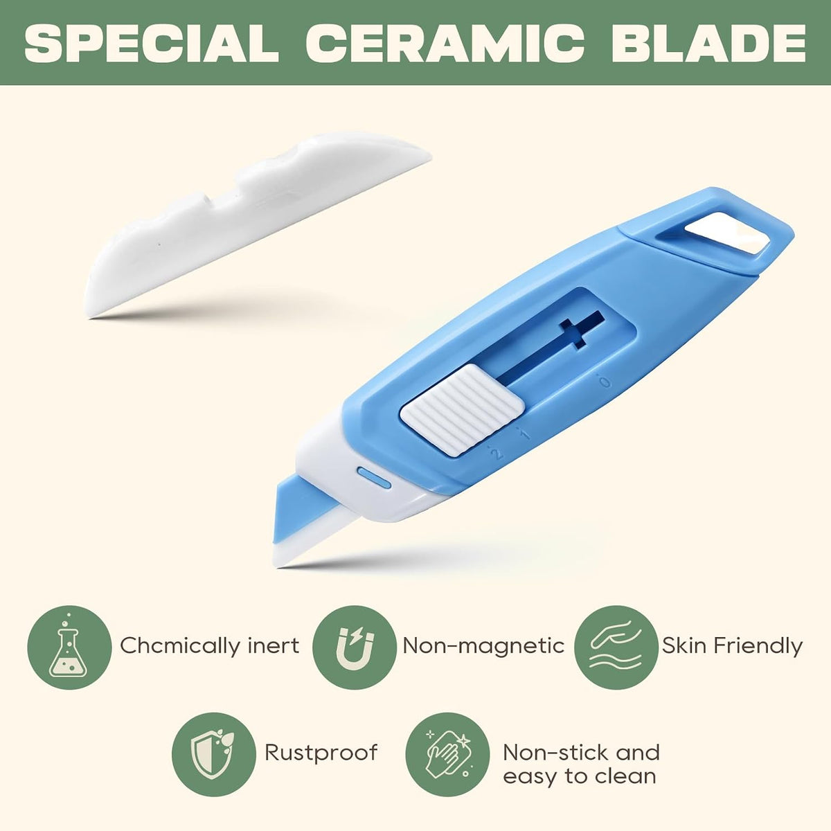 3-Pack Mini Ceramic Box Cutter, Retractable Utility Knife with Safety Lock & Keychain Hole, Magnetic Package Opener