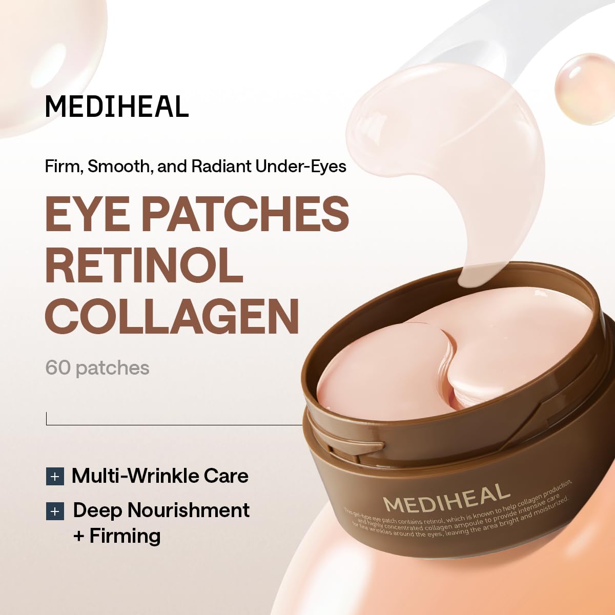 95% Retinol & Collagen Under Eye Patches, Wrinkle Care (60 Count) | with Retinol Liposome, Collagen | 4-Zone Firming