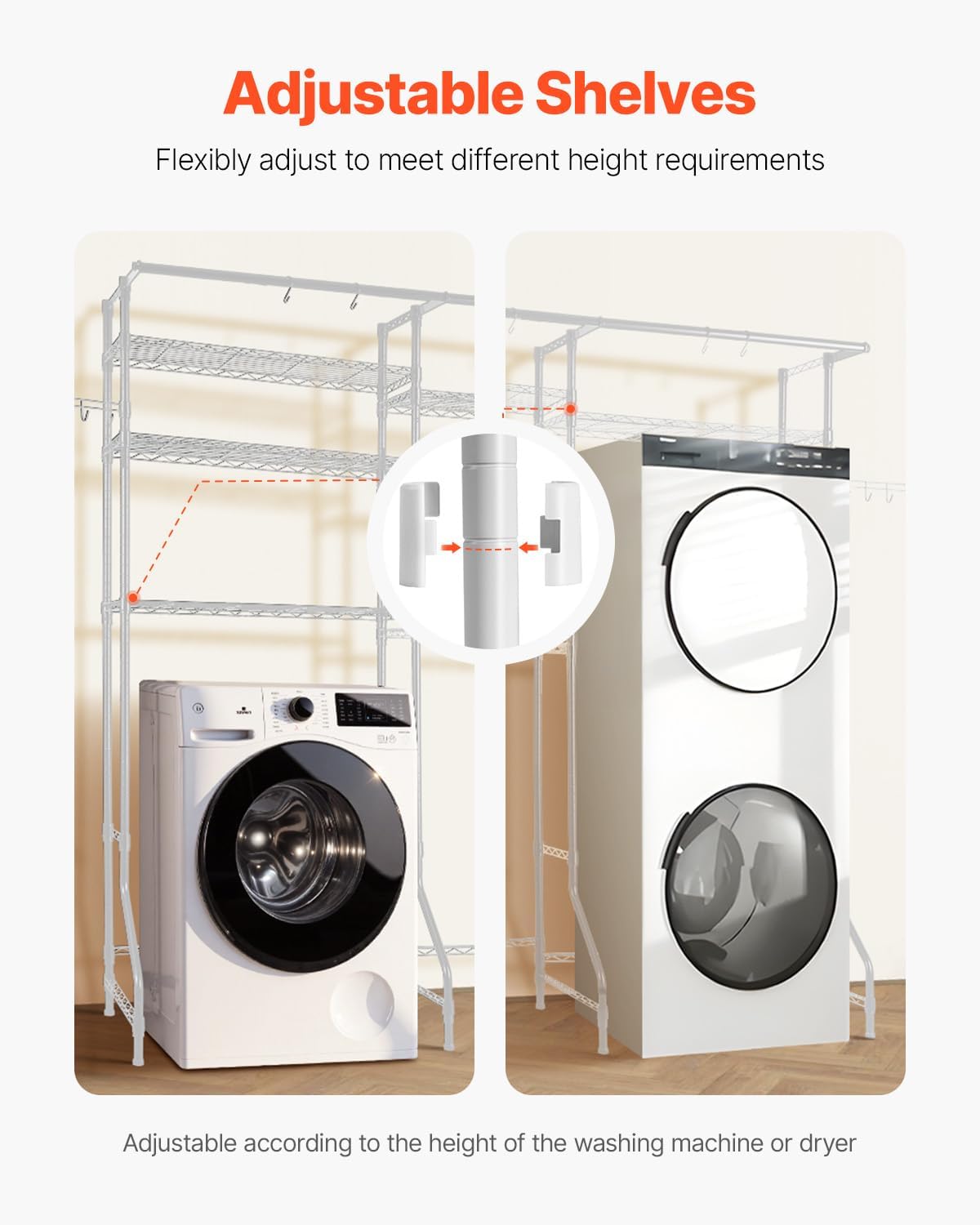 Over the Washer and Dryer Storage Shelf, 6 Tier Laundry Room Drying Rack with Hanger Rod and Hooks, Adjustable Over