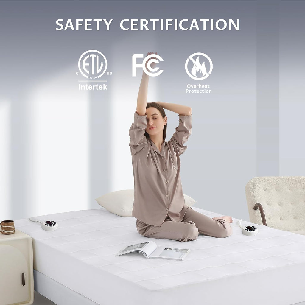 Heated Mattress Pad Queen Size, Dual Control, 10 Heat Settings | 4-zone warmth, preheat & memory functions, 1-12 hour