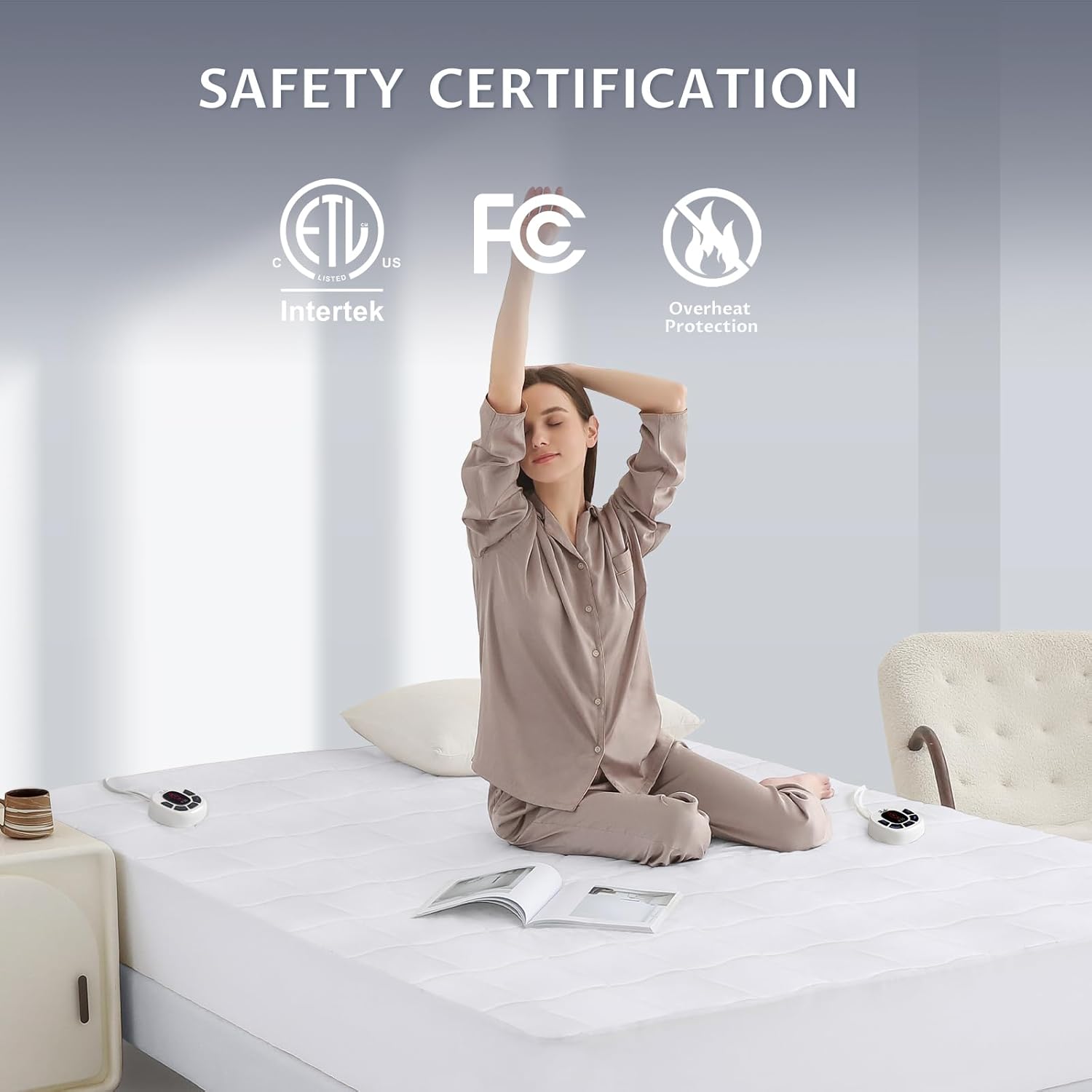 Heated Mattress Pad Queen Size, Dual Control, 10 Heat Settings | 4-zone warmth, preheat & memory functions, 1-12 hour
