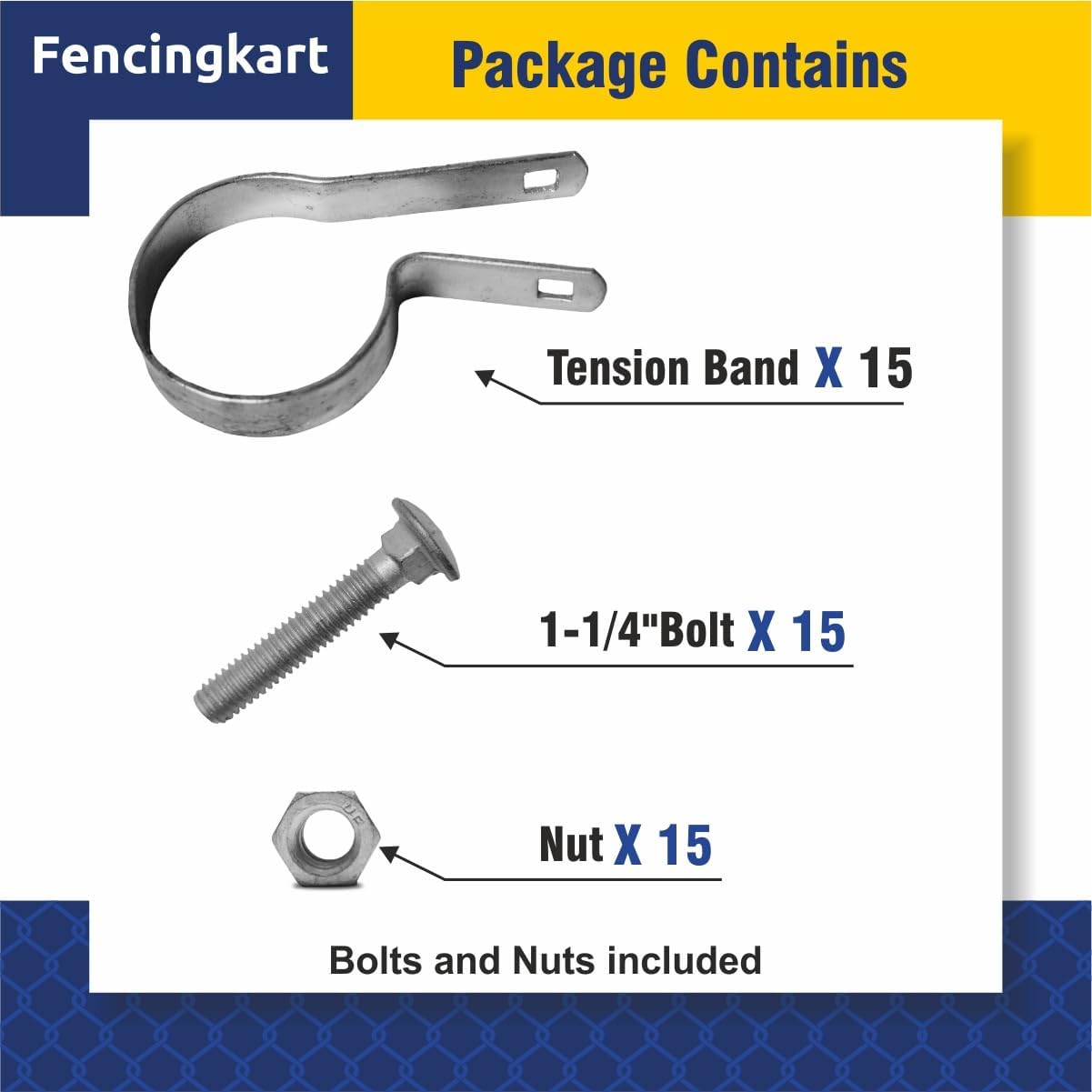 Galvanized Tension Band for Chain Link Fence, 1-5/8" inch, with Nuts & Bolts, 20 Pieces (Silver Galvanized, 2-3/8")