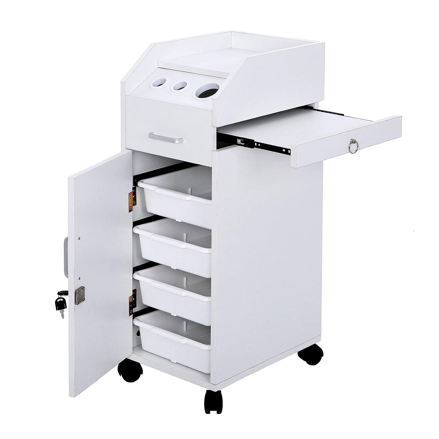 Salon Trolley Cart with 4 Trays, 3 Hair Dryer Holders, White | Lockable Beauty Storage Cabinet with 4 Drawers