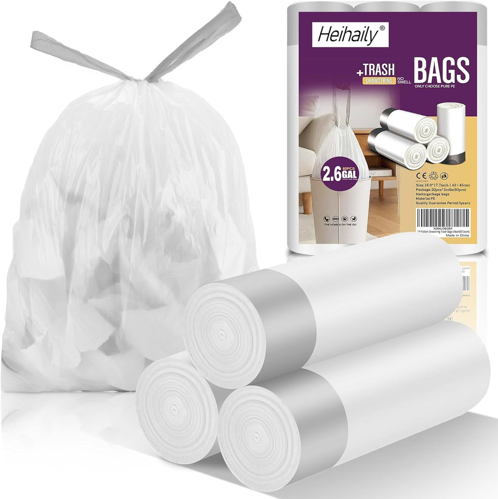 2.6-Gallon Trash Bags Heavy Duty - Heihaily Drawstring Kitchen Garbage Bags for Office/Bathroom, Leak-Proof Design