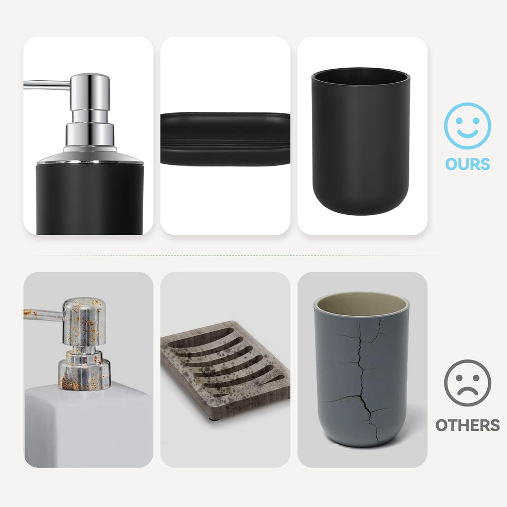 Black Bathroom Accessories Set 4 PCS, Black Bathroom Accessories | Plastic Soap Dispenser and Toothbrush Holder Set