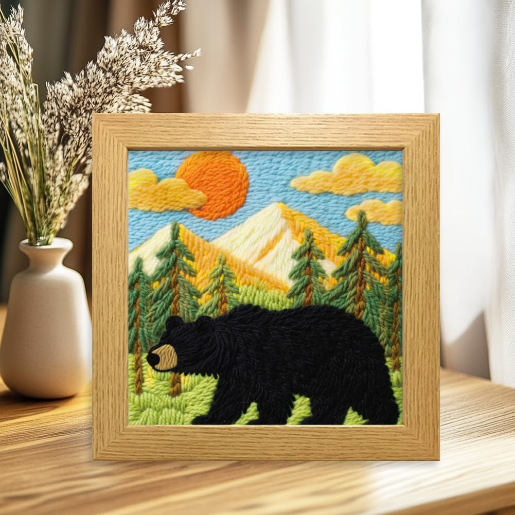 Bear and Nature Style Punch Needle Kit for Beginners 9.4"x9.4" | Starter Embroidery Kits with Frame, Needle Felting