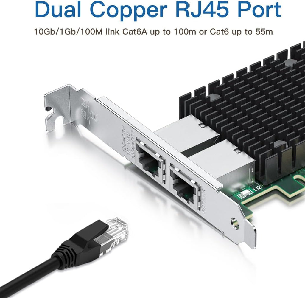 H!Fiber 10Gb PCI-E Network Card NIC, Dual RJ45 Copper Ports, Compare to Intel X540-T2, with Intel X540-BT2 Chip, PCIe X8, 10Gbase-T Ethernet LAN Adapter Support Windows Server/Windows/Linux/VMware ESX