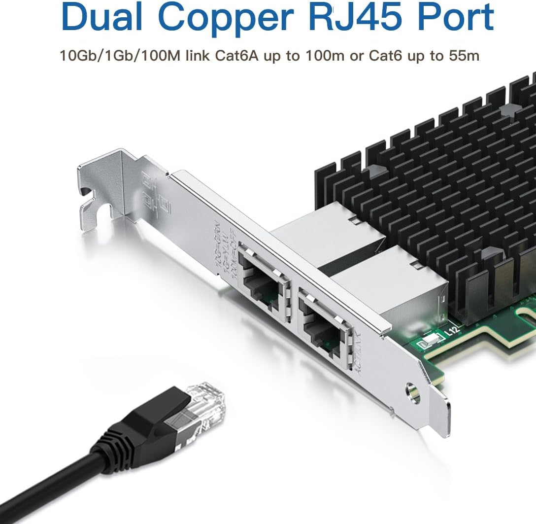H!Fiber 10Gb PCI-E Network Card NIC, Dual RJ45 Copper Ports, Compare to Intel X540-T2, with Intel X540-BT2 Chip, PCIe X8, 10Gbase-T Ethernet LAN Adapter Support Windows Server/Windows/Linux/VMware ESX