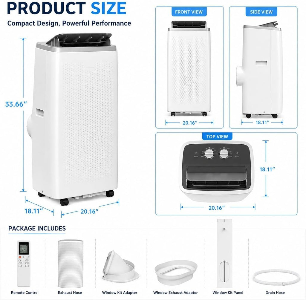14K BTU Portable Air Conditioner, Fast Cooling for room to 750 Sq.Ft | 3-in-1 AC Unit w/ Dehumidifier, Fan & Cooling
