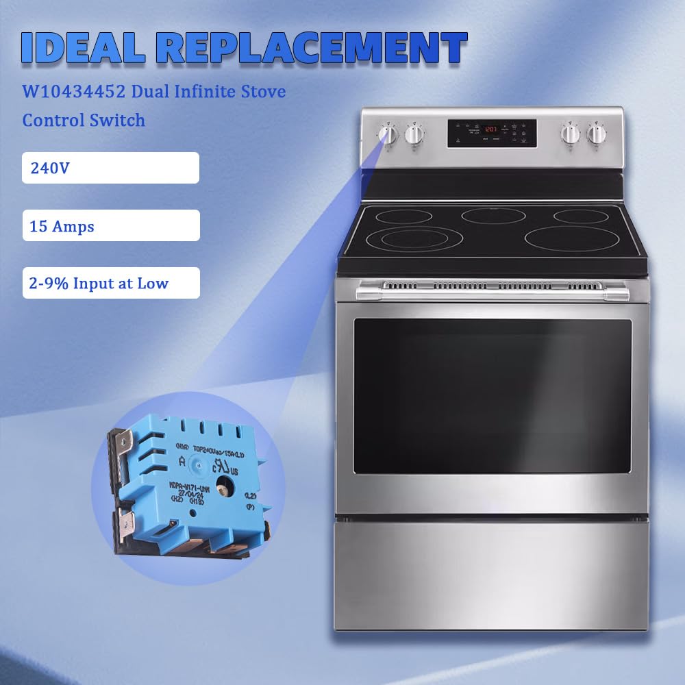 W10434452 WPW10434452 Infinite Stove Control Switch Single Element 240V 15A Replaces AP6021365 PS11754687 Compatible with Selected Whirlpool Maytag Amana KitchenAid Range Models