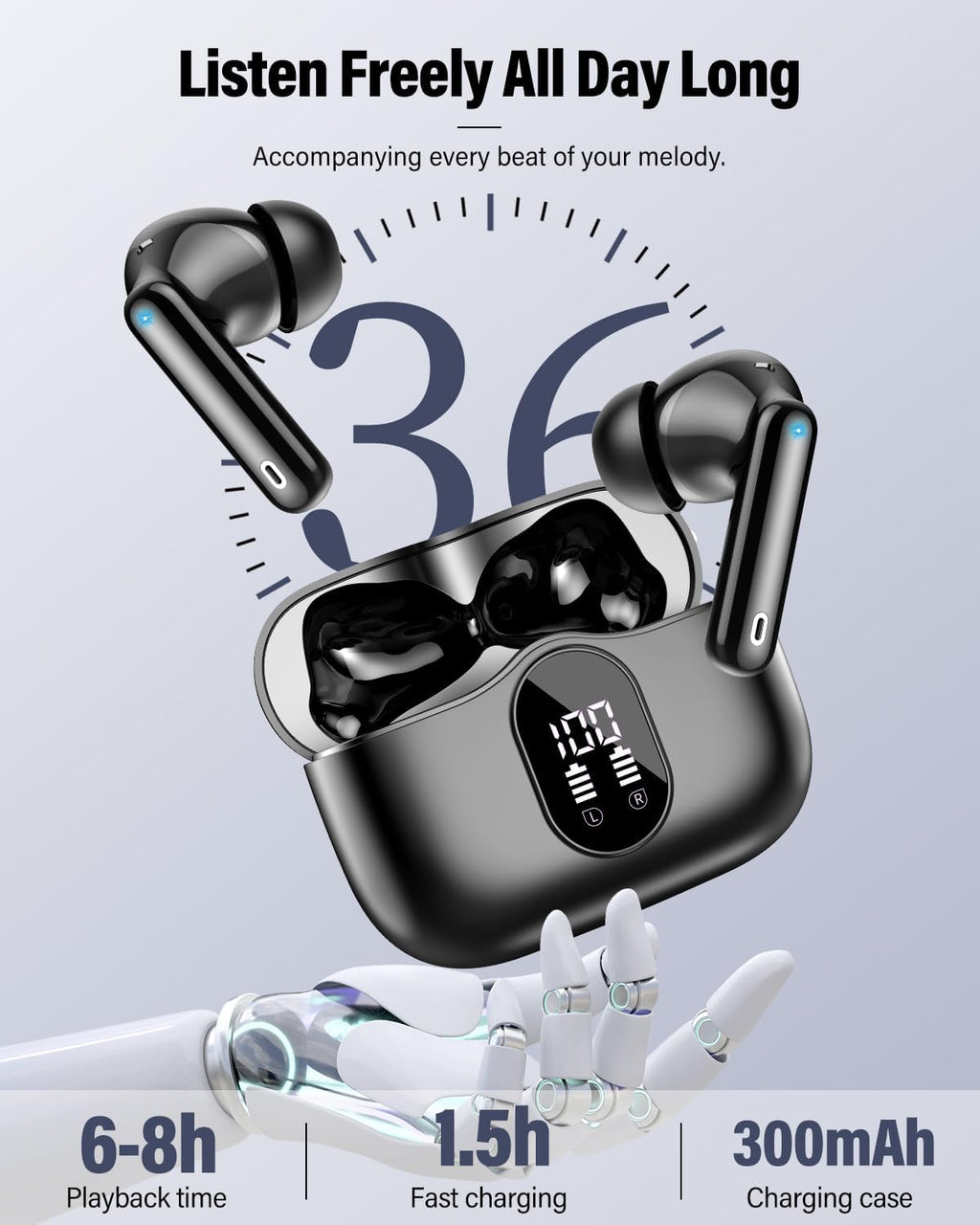 Wireless Earbuds, Bluetooth 5.4 Headphones Bass Stereo, Ear Buds with Noise Cancelling Mic, LED Display in Ear