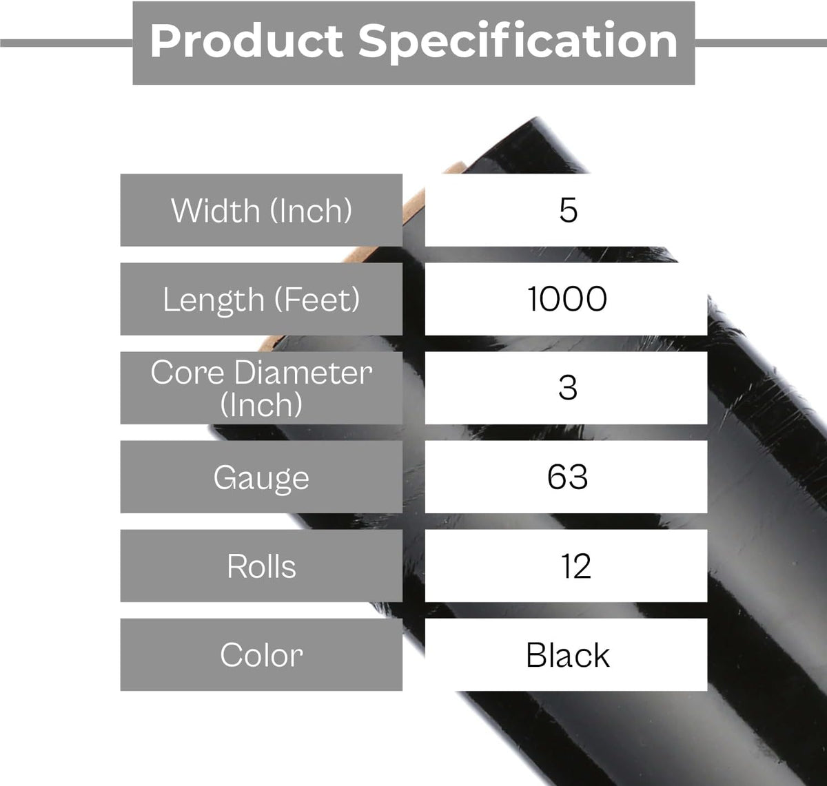 PSBM 12 Rolls Dark Black 5 Inch x 1000 Feet 63 Gauge Mini Stretch Film/Wrap with Plastic Handle, Industrial Strength
