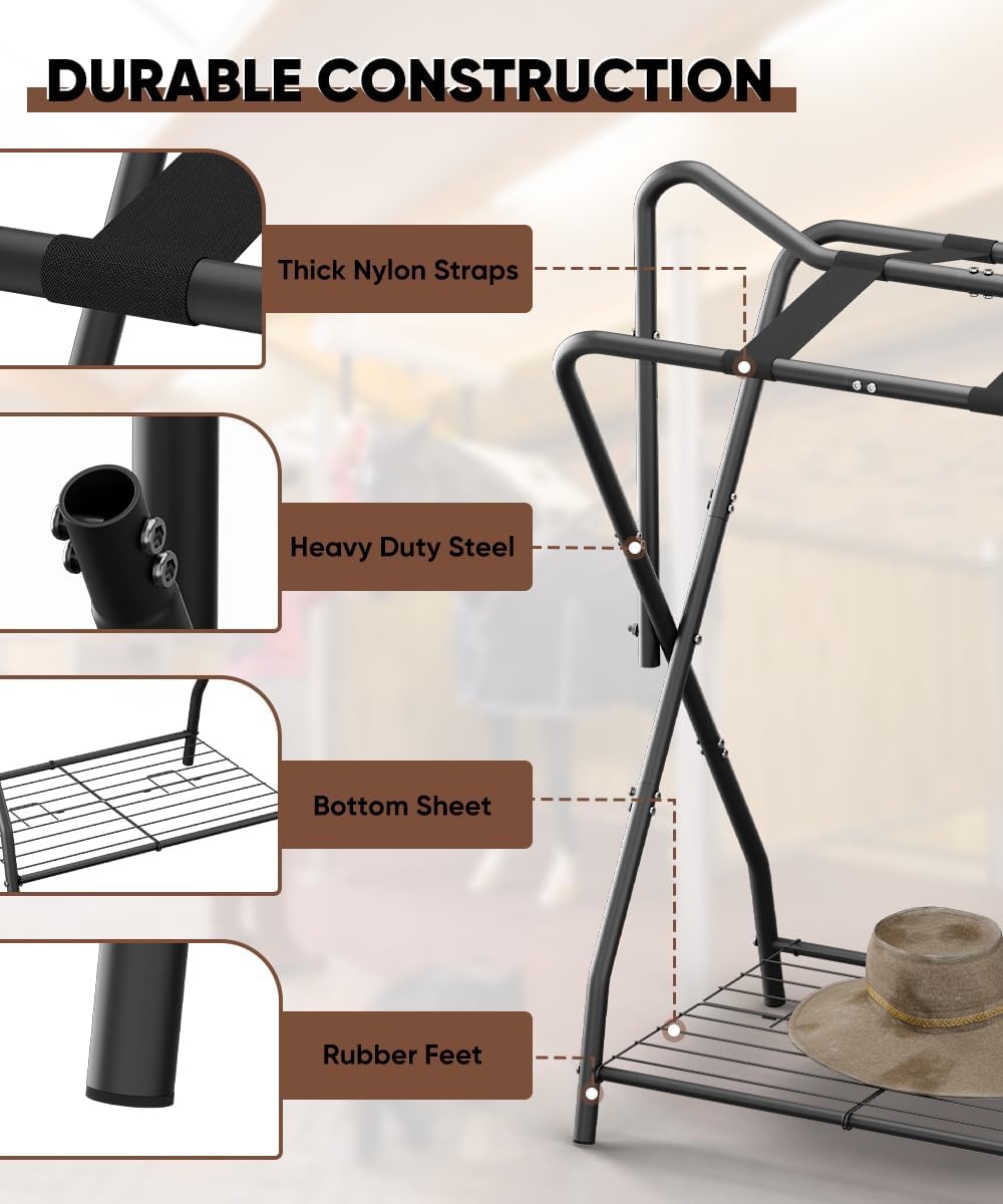 Foldable Saddle Rack with Bottom Storage for Horse Stable, Black