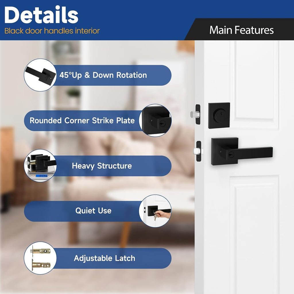 Front Door Lock Set Exterior Door Lock Set, Black Exterior Door Handle with Deadbolt - Keyed Alike Entry Door