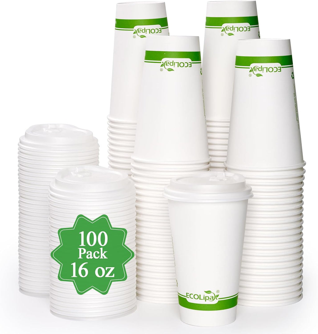 100 Count 16 oz Compostable Paper Coffee Cups with CPLA Lid
