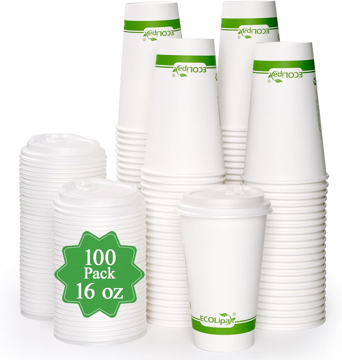 100 Count 16 oz Compostable Paper Coffee Cups with CPLA Lid