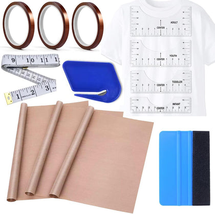 Sublimation Shirts Tool Kits - 4 T Shirt Rulers, 3 Pack Teflon Sheet for Heat Press 12 x 16in - 2 Rolls Heat